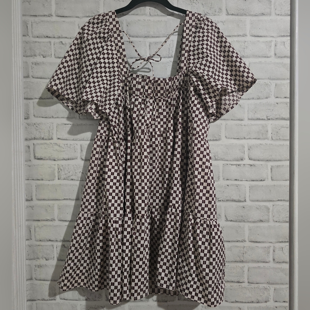 EUC Abercrombie & Fitch Angel Sleeve Trapeze Mini Dress Brown Checkered Size S - Picture 7 of 12